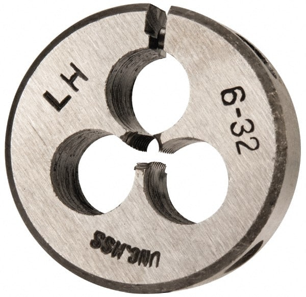 Interstate - #6-32 UNC Thread, 1" Outside Diam High Speed Steel Round Die - Left Hand Thread, Adjustable - Exact Tooling