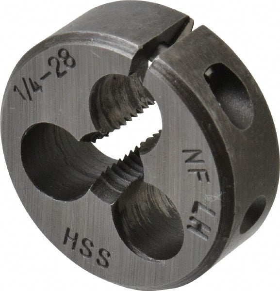 Interstate - 1/4-28 UNF Thread, 1" Outside Diam High Speed Steel Round Die - Left Hand Thread, Adjustable - Exact Tooling