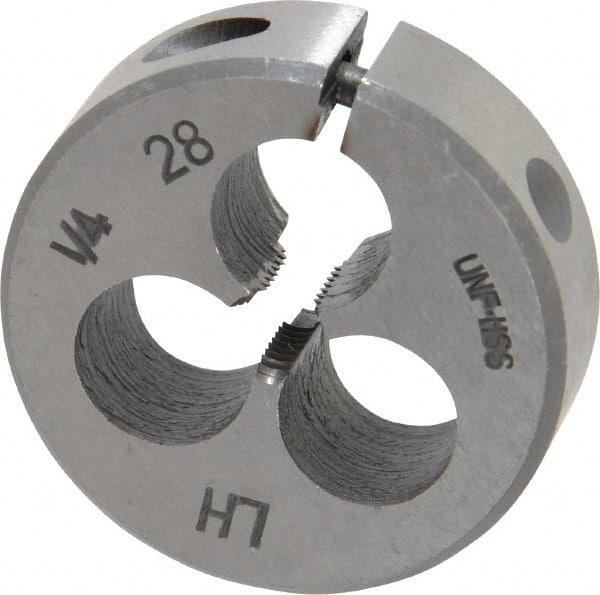 Interstate - 1/4-28 UNF Thread, 1-1/2" Outside Diam High Speed Steel Round Die - Left Hand Thread, Adjustable - Exact Tooling