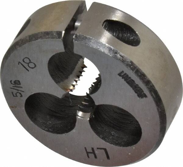 Interstate - 5/16-18 UNC Thread, 1-1/2" Outside Diam High Speed Steel Round Die - Left Hand Thread, Adjustable - Exact Tooling