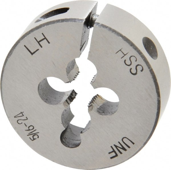 Interstate - 5/16-24 UNF Thread, 1-1/2" Outside Diam High Speed Steel Round Die - Left Hand Thread, Adjustable - Exact Tooling