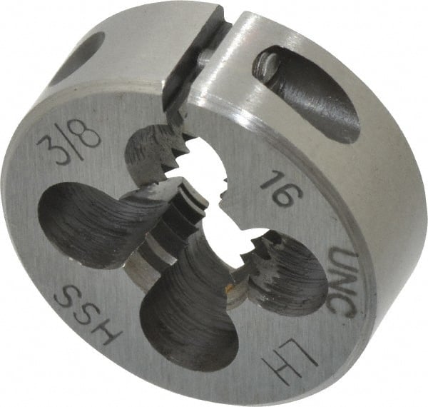Interstate - 3/8-16 UNC Thread, 1" Outside Diam High Speed Steel Round Die - Left Hand Thread, Adjustable - Exact Tooling
