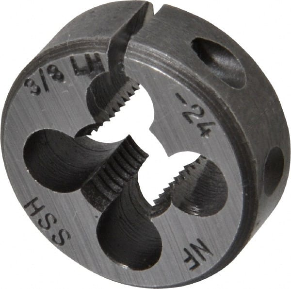 Interstate - 3/8-24 UNF Thread, 1" Outside Diam High Speed Steel Round Die - Left Hand Thread, Adjustable - Exact Tooling