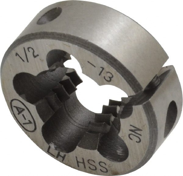 Interstate - 1/2-13 UNC Thread, 1" Outside Diam High Speed Steel Round Die - Left Hand Thread, Adjustable - Exact Tooling