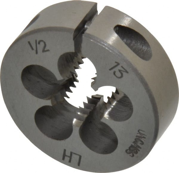 Interstate - 1/2-13 UNC Thread, 1-1/2" Outside Diam High Speed Steel Round Die - Left Hand Thread, Adjustable - Exact Tooling