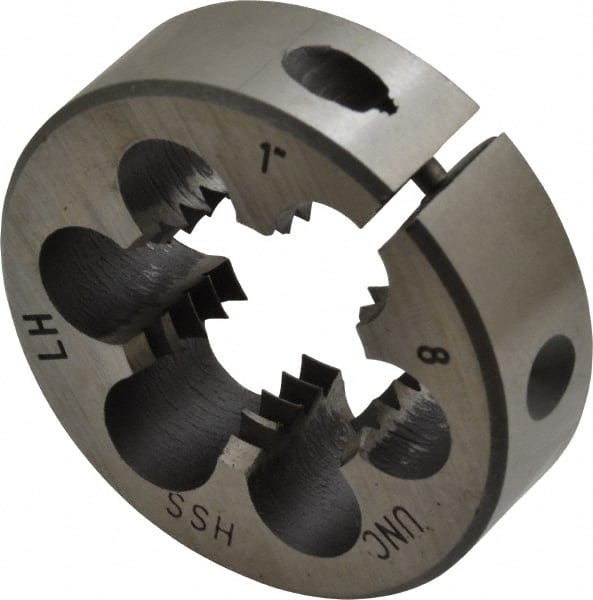 Interstate - 1-8 UNC Thread, 2" Outside Diam High Speed Steel Round Die - Left Hand Thread, Adjustable - Exact Tooling