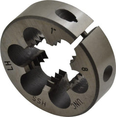 Interstate - 1-8 UNC Thread, 2" Outside Diam High Speed Steel Round Die - Left Hand Thread, Adjustable - Exact Tooling