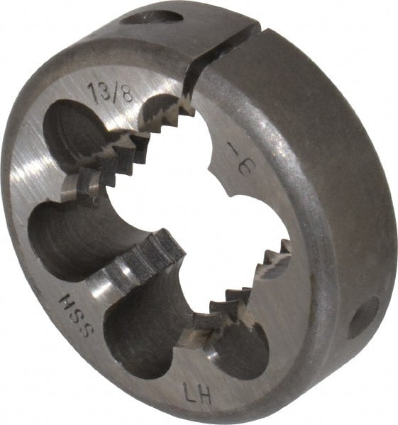 Interstate - 1-3/8 - 6 UNC Thread, 2-1/2" Outside Diam High Speed Steel Round Die - Left Hand Thread, Adjustable - Exact Tooling