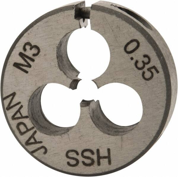 Interstate - M3x0.35 Metric Fine Thread, 13/16" Outside Diam High Speed Steel Round Die - Right Hand Thread, Adjustable - Exact Tooling