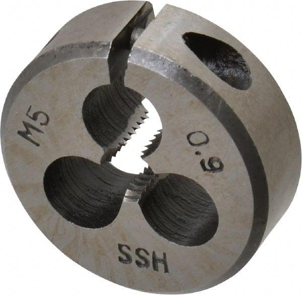 Interstate - M5x0.90 Metric Special Thread, 1" Outside Diam High Speed Steel Round Die - Right Hand Thread, Adjustable - Exact Tooling