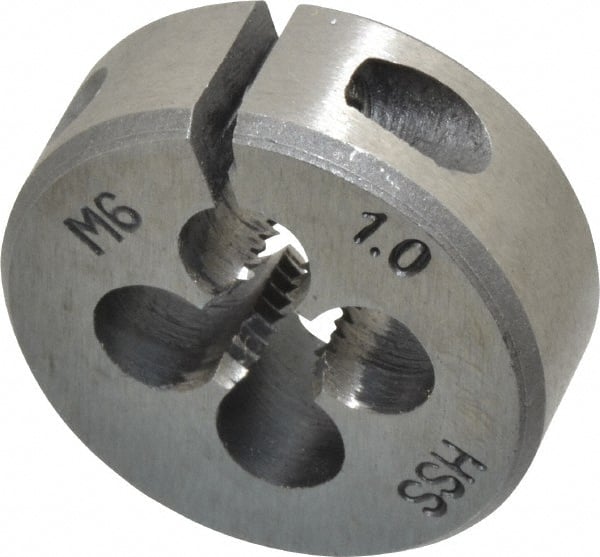Interstate - M6x1.00 Metric Coarse Thread, 1" Outside Diam High Speed Steel Round Die - Right Hand Thread, Adjustable - Exact Tooling