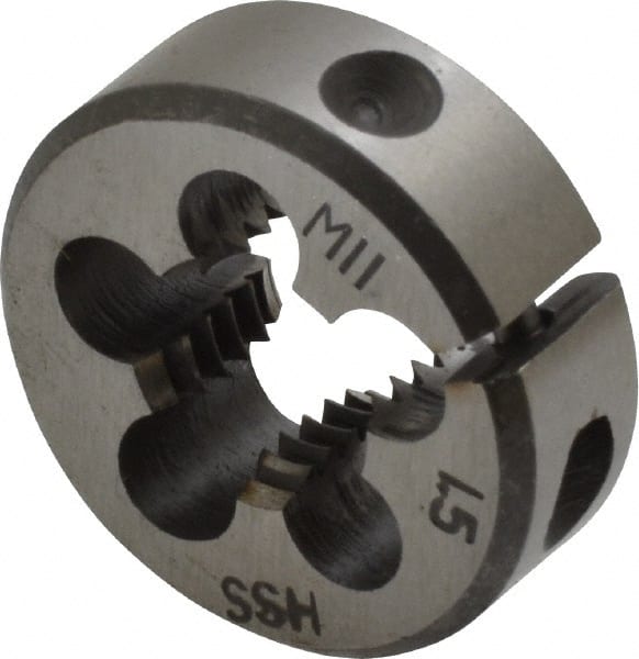 Interstate - M11x1.50 Metric Coarse Thread, 1" Outside Diam High Speed Steel Round Die - Right Hand Thread, Adjustable - Exact Tooling