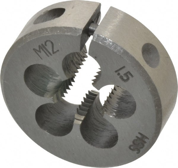 Interstate - M12x1.50 Metric Fine Thread, 1-1/2" Outside Diam High Speed Steel Round Die - Right Hand Thread, Adjustable - Exact Tooling