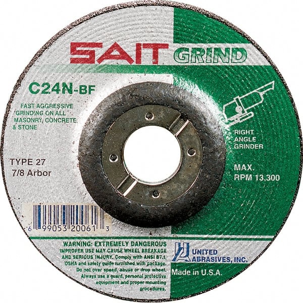 Sait - 24 Grit, 7" Wheel Diam, 1/4" Wheel Thickness, 7/8" Arbor Hole, Type 27 Depressed Center Wheel - Silicon Carbide, Resinoid Bond, N Hardness, 8,500 Max RPM, Compatible with Angle Grinder - Exact Tooling