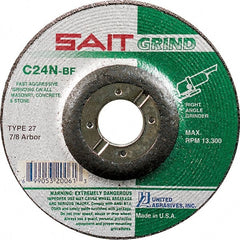 Sait - 24 Grit, 9" Wheel Diam, 1/4" Wheel Thickness, 7/8" Arbor Hole, Type 27 Depressed Center Wheel - Silicon Carbide, Resinoid Bond, N Hardness, 6,600 Max RPM, Compatible with Angle Grinder - Exact Tooling