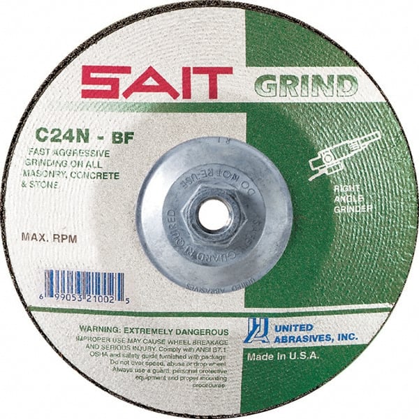 Sait - 24 Grit, 4-1/2" Wheel Diam, 1/4" Wheel Thickness, Type 27 Depressed Center Wheel - Silicon Carbide, Resinoid Bond, N Hardness, 13,300 Max RPM, Compatible with Angle Grinder - Exact Tooling