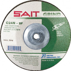 Sait - 24 Grit, 4-1/2" Wheel Diam, 1/4" Wheel Thickness, Type 27 Depressed Center Wheel - Silicon Carbide, Resinoid Bond, N Hardness, 13,300 Max RPM, Compatible with Angle Grinder - Exact Tooling