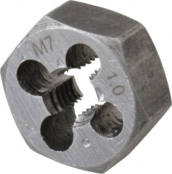 Interstate - M7x1.00 Metric Coarse Thread, 11/16" Hex, Right Hand Thread, Hex Rethreading Die - Carbon Steel, 1/4" Thick - Exact Tooling