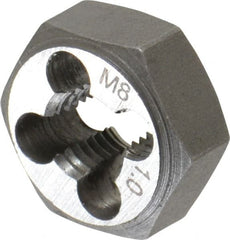 Interstate - M8x1.00 Metric Fine Thread, 11/16" Hex, Right Hand Thread, Hex Rethreading Die - Carbon Steel, 3/8" Thick - Exact Tooling