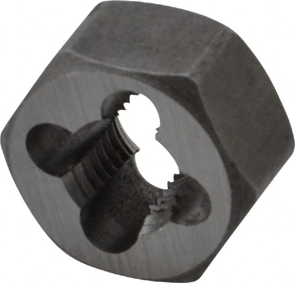 Interstate - M10x1.25 Metric Fine Thread, 25/32" Hex, Right Hand Thread, Hex Rethreading Die - Carbon Steel, 7/16" Thick - Exact Tooling