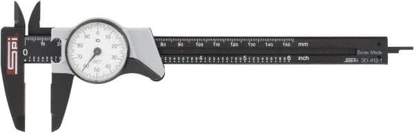 SPI - 0" to 6" Range, 0.001" Graduation, 0.1" per Revolution, Dial Caliper - White Face, 1.57" Jaw Length - Exact Tooling