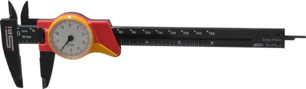 SPI - 0mm to 150mm Range, 0.1 mm Graduation, 10mm per Revolution, Dial Caliper - White Face, 1.57" Jaw Length - Exact Tooling