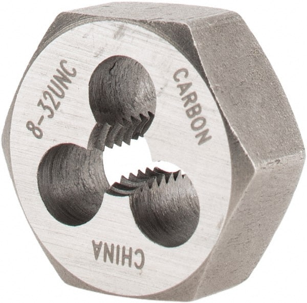 Interstate - #8-32 UNC Thread, 19/32" Hex, Right Hand Thread, Hex Rethreading Die - Carbon Steel, 1/4" Thick - Exact Tooling