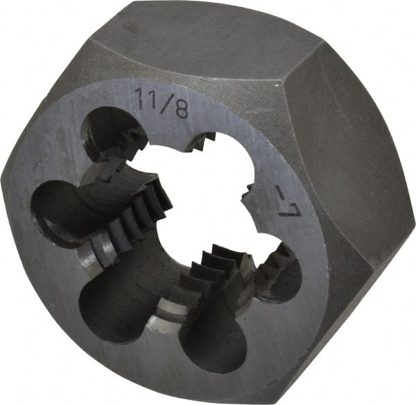 Interstate - 1-1/8 - 7 UNC Thread, 2" Hex, Right Hand Thread, Hex Rethreading Die - Carbon Steel, 1" Thick - Exact Tooling
