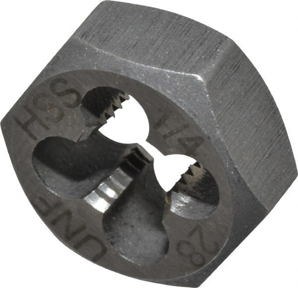 Interstate - 1/4-28 UNF Thread, 19/32" Hex, Right Hand Thread, Hex Rethreading Die - High Speed Steel, 1/4" Thick - Exact Tooling