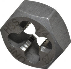 Interstate - 1/4-28 UNF Thread, 19/32" Hex, Right Hand Thread, Hex Rethreading Die - High Speed Steel, 1/4" Thick - Exact Tooling