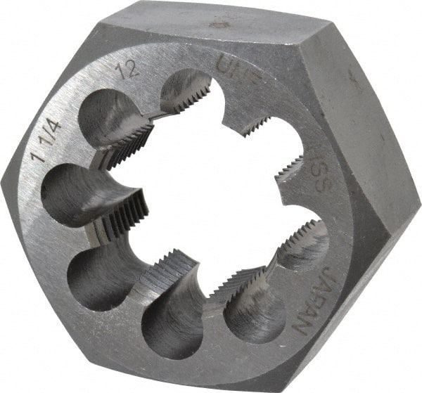 Interstate - 1-1/4 - 12 UNF Thread, 2-3/16" Hex, Right Hand Thread, Hex Rethreading Die - High Speed Steel, 1" Thick - Exact Tooling