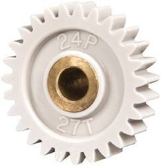 Made in USA - 24 Pitch, 1-1/8" Pitch Diam, 1.208" OD, 27 Tooth Spur Gear - 1/4" Face Width, 1/4" Bore Diam, 5/8" Hub Diam, 20° Pressure Angle, Acetal - Exact Tooling