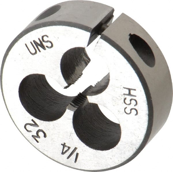 Interstate - 1/4-32 UNEF Thread, 1-1/2" Outside Diam High Speed Steel Round Die - Right Hand Thread, Adjustable - Exact Tooling
