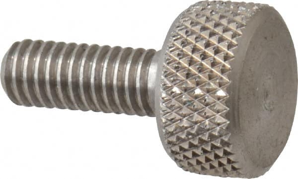 Morton Machine Works - M4x0.70 Knurled Shoulderless Grade 303 Stainless Steel Thumb Screw - 16mm OAL, 9.5mm Head Diam x 5mm Head Height - Exact Tooling