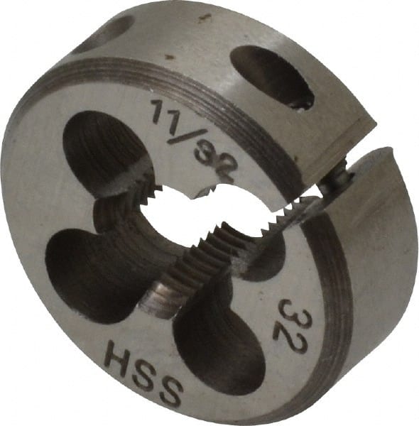 Interstate - 11/32-32 UNS Thread, 1" Outside Diam High Speed Steel Round Die - Right Hand Thread, Adjustable - Exact Tooling