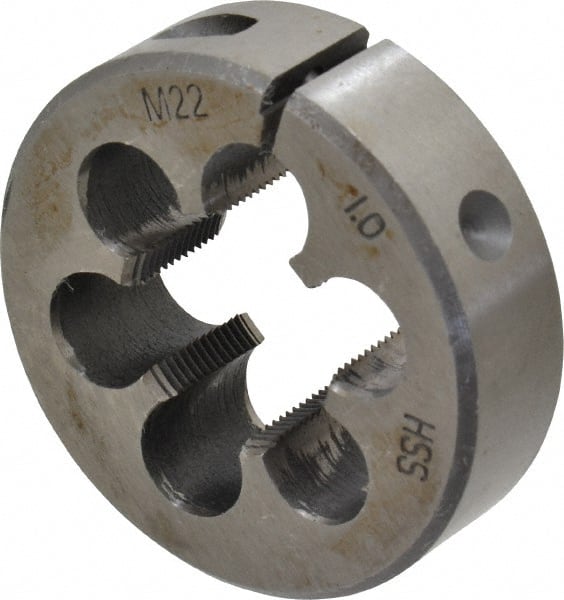 Interstate - M22x1.00 Metric Fine Thread, 2" Outside Diam High Speed Steel Round Die - Right Hand Thread, Adjustable - Exact Tooling