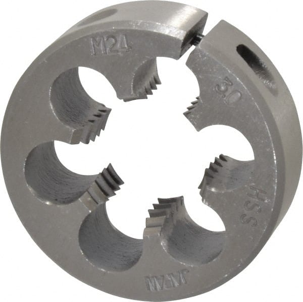 Interstate - M24x3.00 Metric Coarse Thread, 2" Outside Diam High Speed Steel Round Die - Right Hand Thread, Adjustable - Exact Tooling