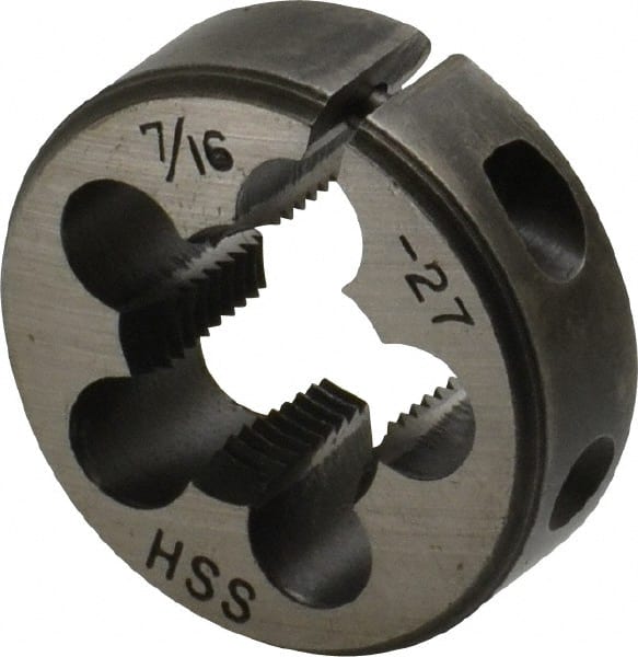 Interstate - 7/16-27 UNS Thread, 1" Outside Diam High Speed Steel Round Die - Right Hand Thread, Adjustable - Exact Tooling