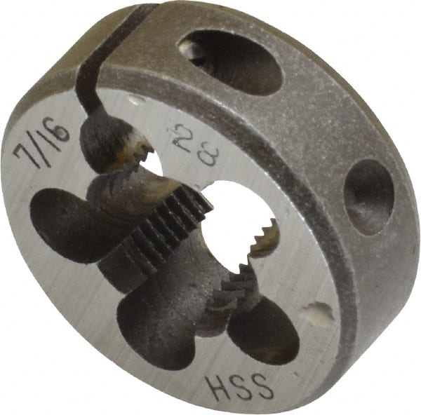 Interstate - 7/16-28 UNEF Thread, 1" Outside Diam High Speed Steel Round Die - Right Hand Thread, Adjustable - Exact Tooling