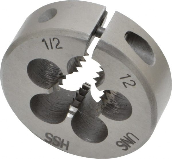 Interstate - 1/2-12 UNS Thread, 1-1/2" Outside Diam High Speed Steel Round Die - Right Hand Thread, Adjustable - Exact Tooling