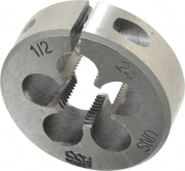 Interstate - 1/2-24 UNS Thread, 1-1/2" Outside Diam High Speed Steel Round Die - Right Hand Thread, Adjustable - Exact Tooling