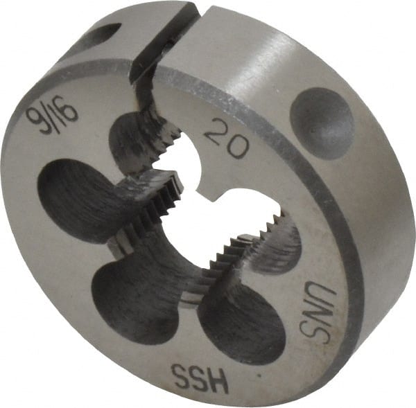 Interstate - 9/16-20 UNS Thread, 1-1/2" Outside Diam High Speed Steel Round Die - Right Hand Thread, Adjustable - Exact Tooling