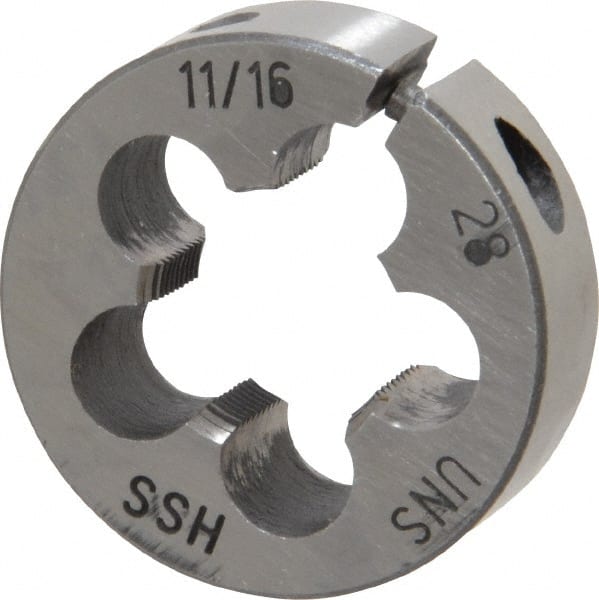 Interstate - 11/16-28 UNS Thread, 1-1/2" Outside Diam High Speed Steel Round Die - Right Hand Thread, Adjustable - Exact Tooling