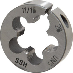 Interstate - 11/16-28 UNS Thread, 1-1/2" Outside Diam High Speed Steel Round Die - Right Hand Thread, Adjustable - Exact Tooling