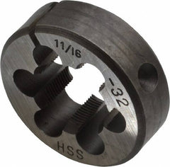 Interstate - 11/16-32 UNS Thread, 1-1/2" Outside Diam High Speed Steel Round Die - Right Hand Thread, Adjustable - Exact Tooling
