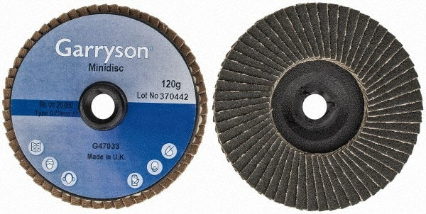 Garryson - 120 Grit, 3" Disc Diam, Type 27 Zirconia Alumina Flap Disc - 20,000 Max RPM, Nylon Backing, Quick Change Type S Attaching System, Coated - Exact Tooling