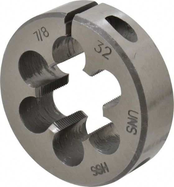 Interstate - 7/8-32 UNS Thread, 2" Outside Diam High Speed Steel Round Die - Right Hand Thread, Adjustable - Exact Tooling