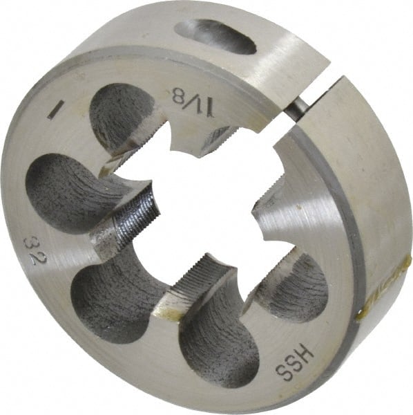 Interstate - 1-1/8 - 32 UNS Thread, 2-1/2" Outside Diam High Speed Steel Round Die - Right Hand Thread, Adjustable - Exact Tooling