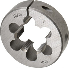 Interstate - 1-3/16 - 12 UNS Thread, 2-1/2" Outside Diam High Speed Steel Round Die - Right Hand Thread, Adjustable - Exact Tooling