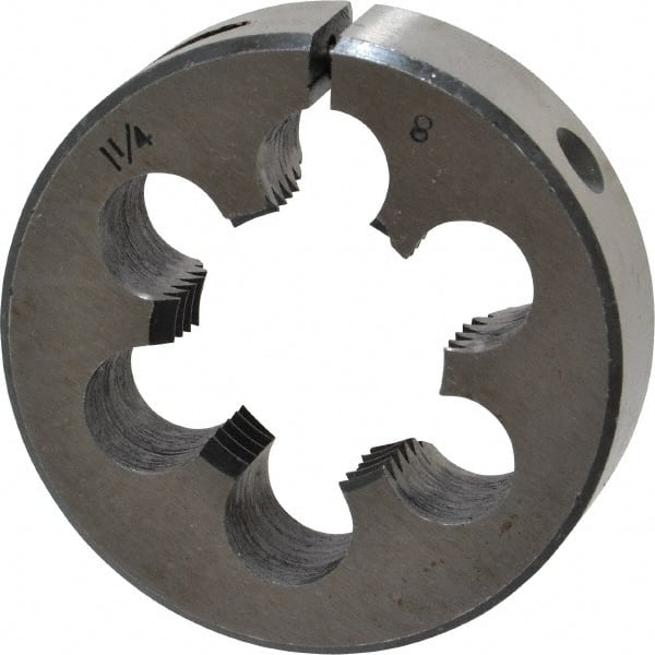 Interstate - 1-1/4 - 8 UNS Thread, 2-1/2" Outside Diam High Speed Steel Round Die - Right Hand Thread, Adjustable - Exact Tooling